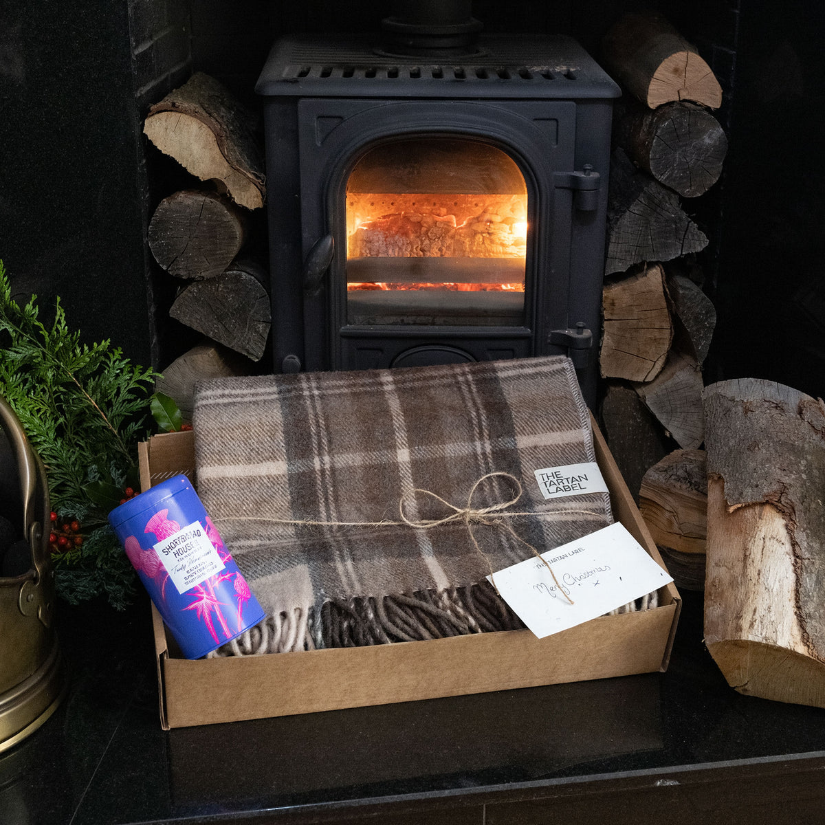 Stewart Natural Dress Tartan Blanket & Shortbread Gift Set